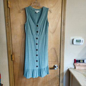 Monteau Los Angeles Dress L Green Sleeveless Linen Blend Midi